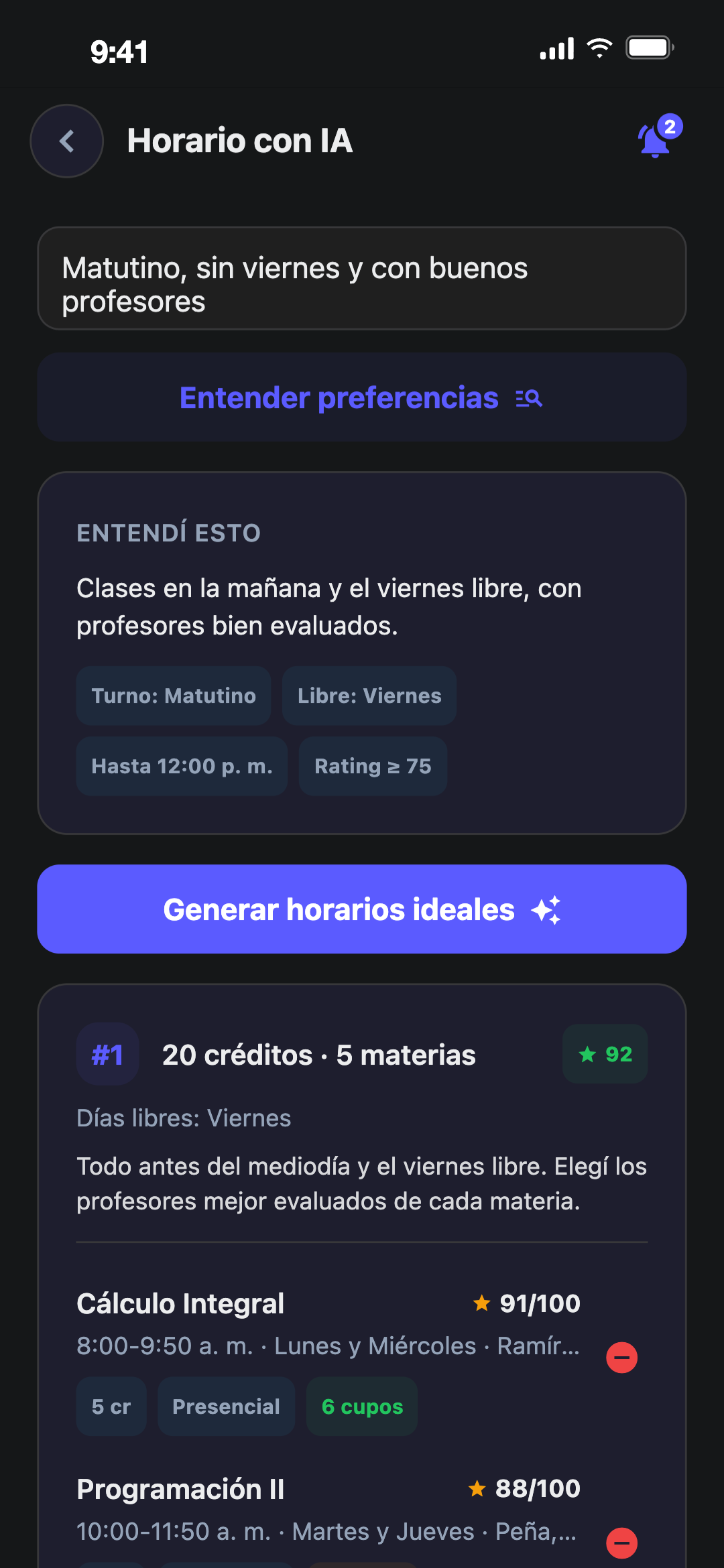 Horario armado con IA en Chroni