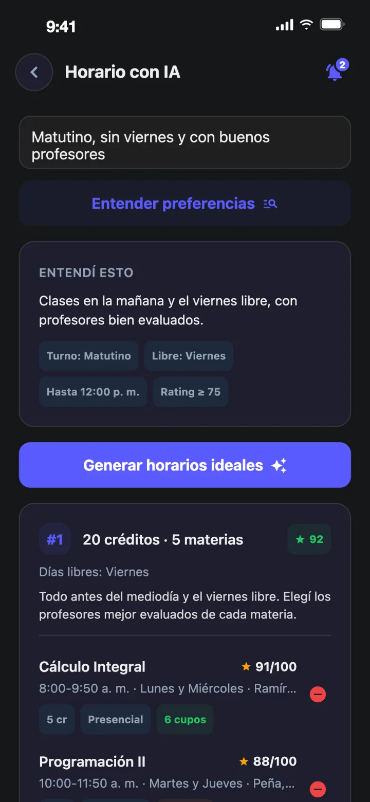 Horario armado con IA en Chroni