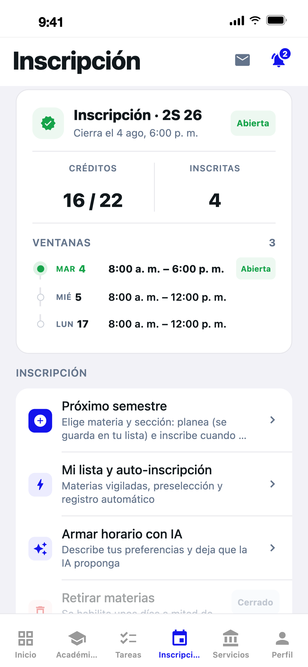 Pestaña de inscripción con la ventana abierta en Chroni