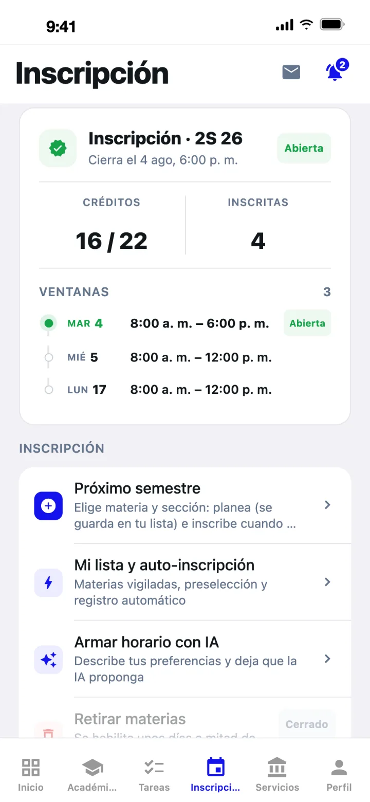Pestaña de inscripción con la ventana abierta en Chroni