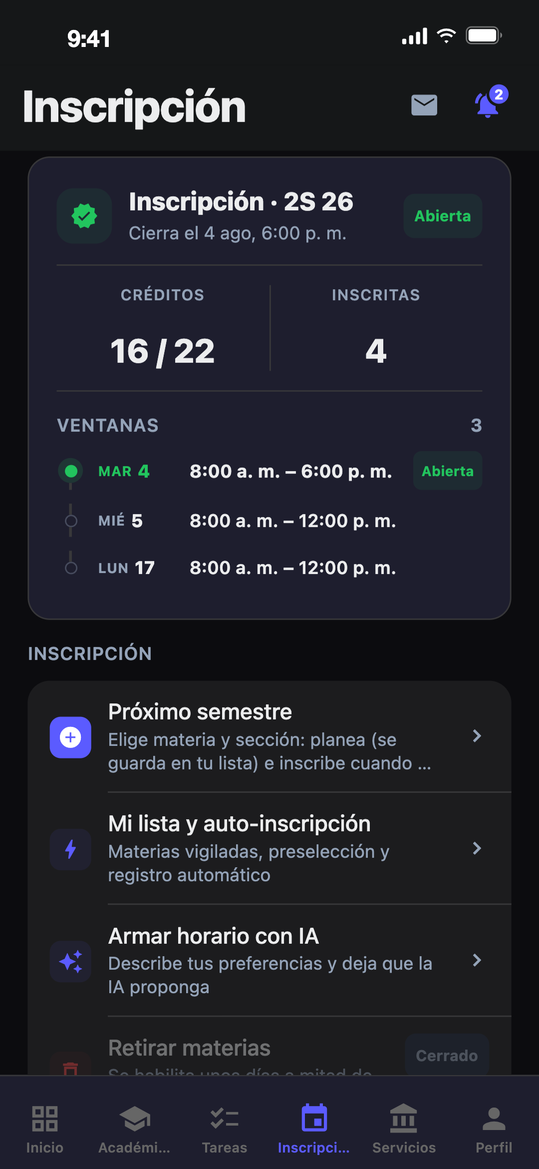 Pestaña de inscripción con la ventana abierta en Chroni