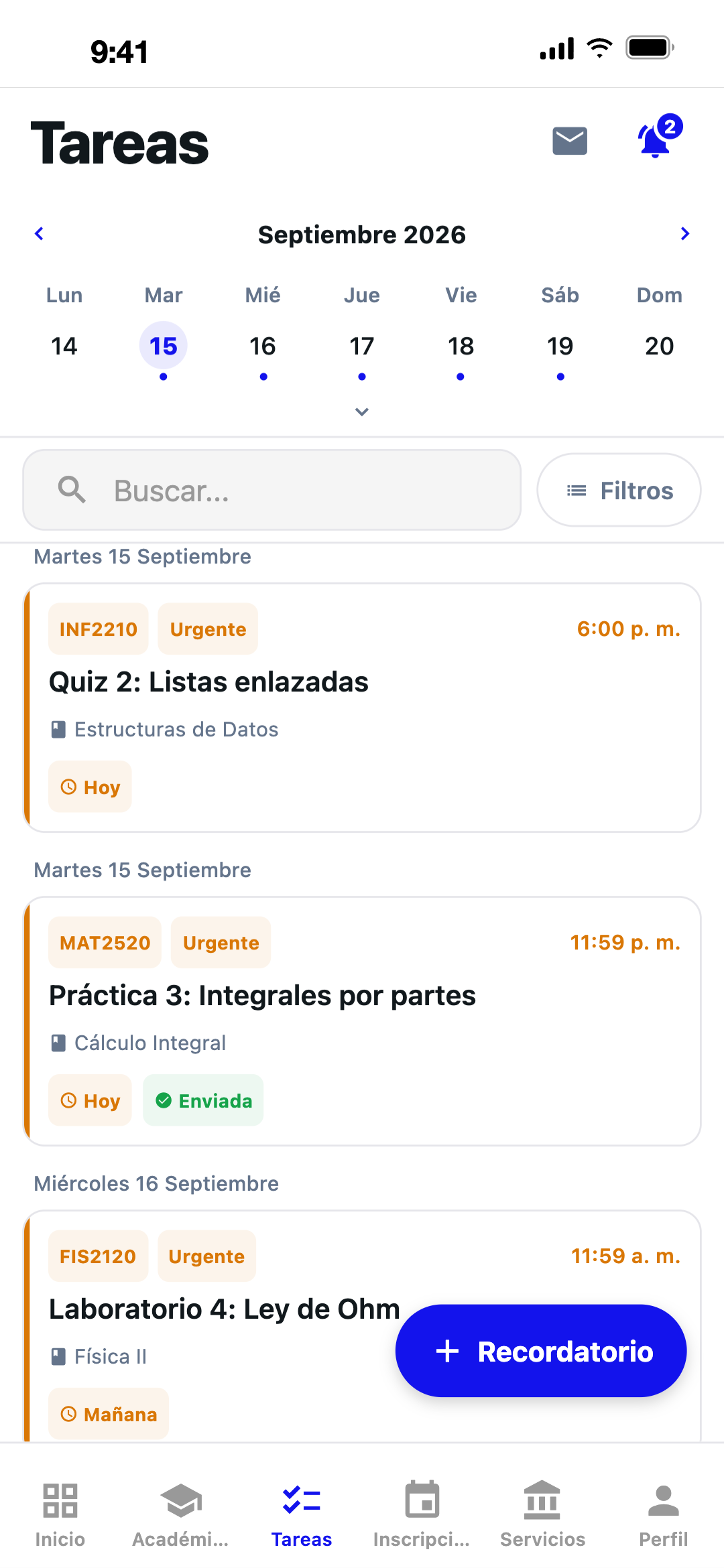 Tareas del aula virtual con fechas de entrega en Chroni
