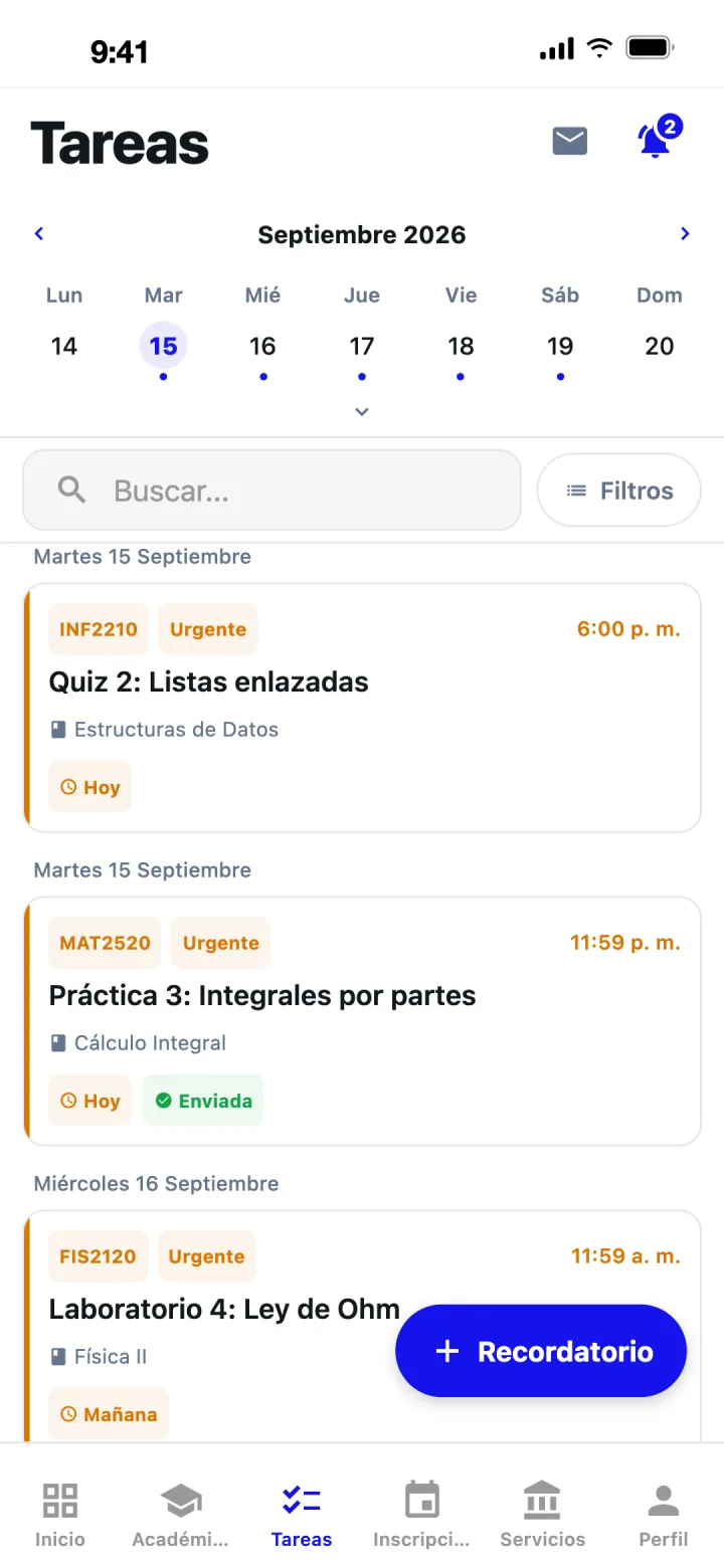 Tareas del aula virtual con fechas de entrega en Chroni
