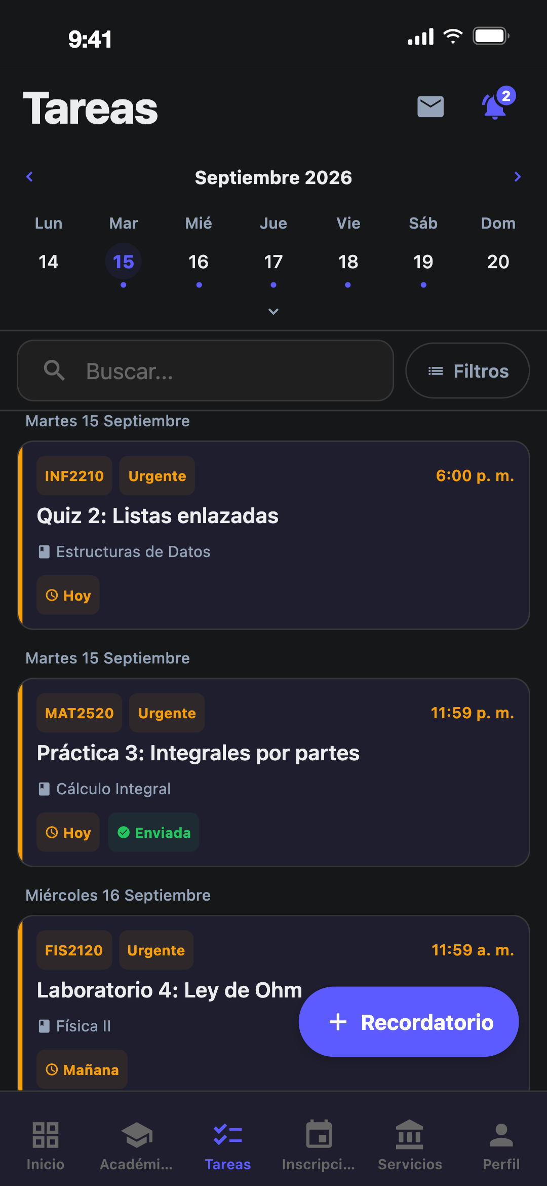 Tareas del aula virtual con fechas de entrega en Chroni